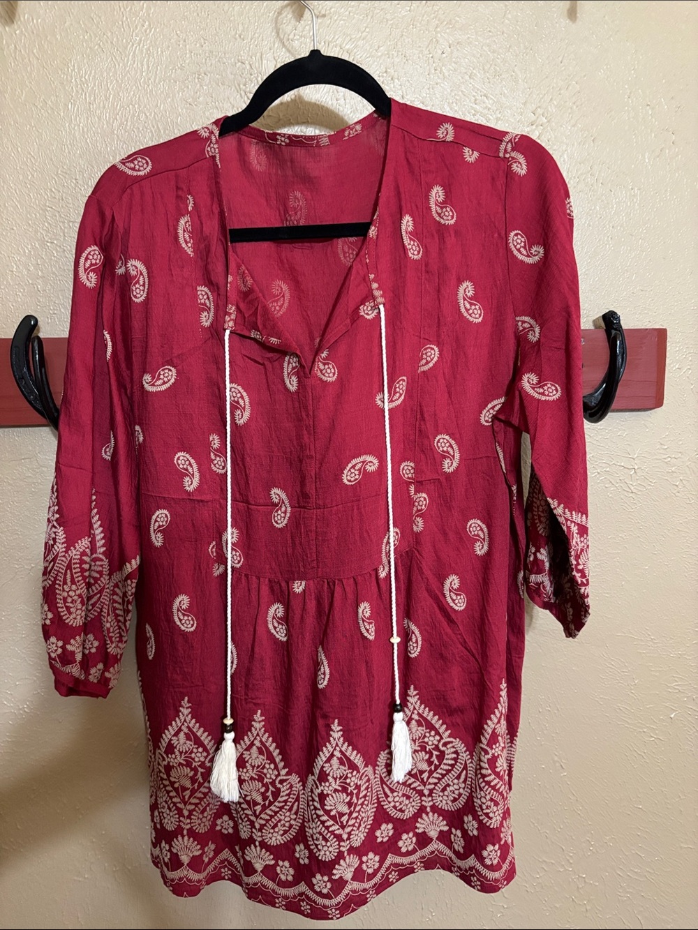 Red Paisley Embroidered Tie-Front Tunic Top